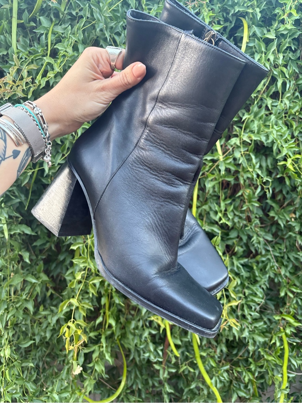 Feners la Semaine Black Leather Block Heel Ankle Boots, 90’s Style- Women's